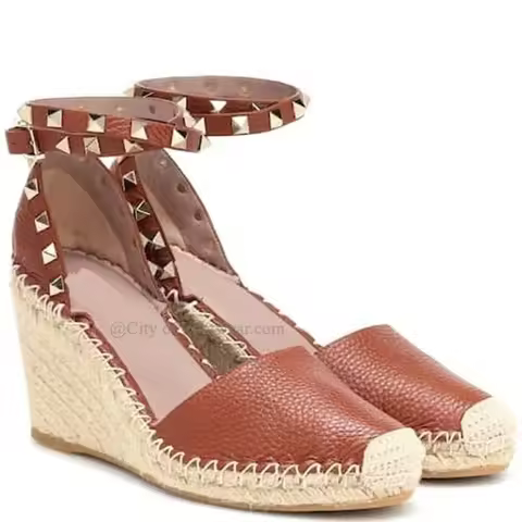 Women Rockstud Leather Wedge Sandals Round Toe Espadrille Strap Baby Blue Pumps Luxury Summer Party 