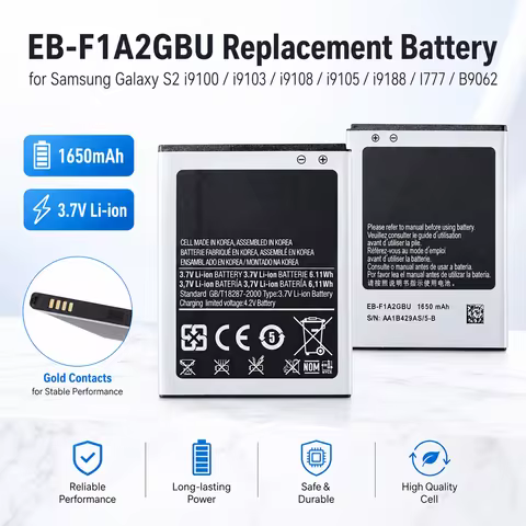 EB-F1A2GBU Replacement Battery for Samsung Galaxy S2 i9100 i9103 i9108 i9105 i9188 I777 B9062, 1650m