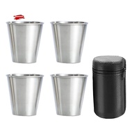 Stainless Steel Shot Cups, Set of 4 Cups, Metal Shot Glasses, Stackable, Hip Flask Small with Leathe