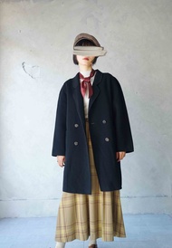 尋寶古著-質感黑色毛呢喀什米爾cashmere連袖長大衣