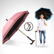 雙龍分離式雙中棒黑膠登山休閒自動傘拐杖手把直立傘(櫻花粉)