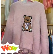 PL Fuzzy 1 - Super Soft Thick Fuzzy Oneck Top, Cool Soft Pink Bear Print | Fuzzy FUR CLOTHES | Thick