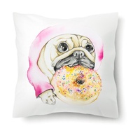 【叼桃紅甜甜圈】經典款巴戈狗狗手繪水彩動物抱枕/枕頭/靠墊