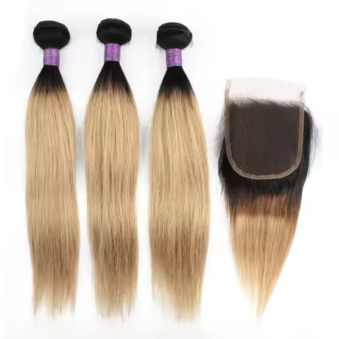 3 Bundles With 4*4 Lace Closure 1B27 Honey Blonde 1B30 Medium Auburn 2 Tone Ombre Color Brazilian Hu