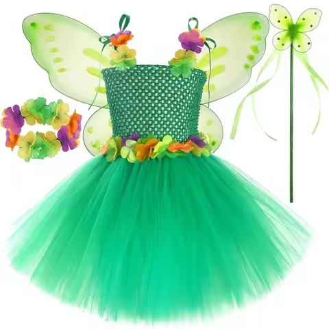 Green Flowers Fairy Costumes for Girls Jungle Elves Princess Ballet Tutus Dresses for Kids Halloween