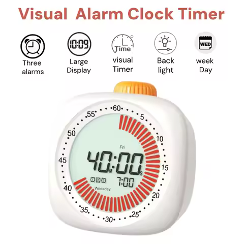 Pomodoro Digital Visual Timer with 3 Alarm Clock, All In One 60min Study Kitchen Shower Blacknight C