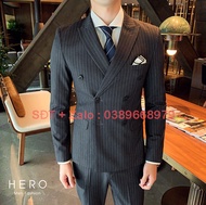 Bộ Vest Nam Cao Cấp kẻ sọc 6 Cúc Bộ Suit Nam Hàn Quốc Kẻ Sọc