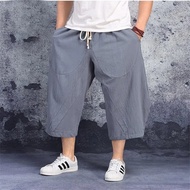 Summer Men‘s Loose Pants Fat Man Large Size Straight Wide-Leg 7-Point Cotton Linen Solid Color Thin Male