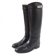 全新未使用愛馬仕 (HERMES) 皮革跳躍靴，銀色五金配件和 Kelly 扣，37 碼，黑色，意大利製造，帶鞋盒和防塵袋。