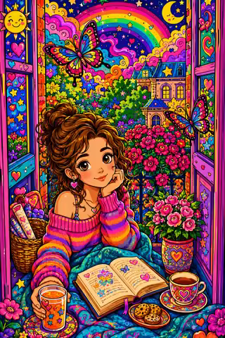 DIY Rainbow Window Reading Lass Portrait Diamond Painting Pop Color Floral Mosaic Handmade Art Creat