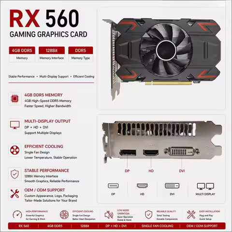 Graphics Card RX 560 4GB GDDR5 128Bit Fan-Cooled PCIe 3.0 X16 Gaming GPU New for Desktop Computers