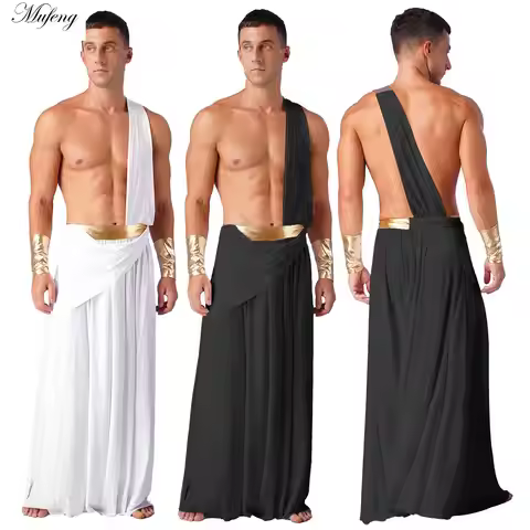 Mens Ancient Greek God Toga Gladiator Party Cosplay Costume Roman Classic Tago Robe One Shoulder Lon