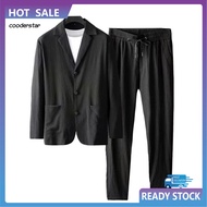 COOD 1 Set Autumn Men Blazer Pants Stripe Pleats Jacket Drawstring Pants Casual Suit for Wedding