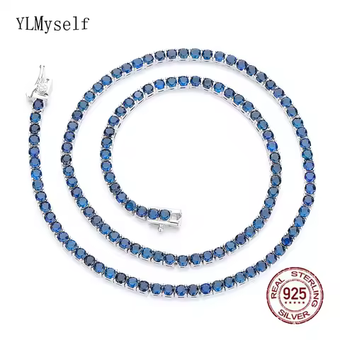 16/18 Inch (41/45cm) Real Fine Jewelry Choker 3mm Montana Blue Sapphire Cubic Zircon 925 Sterling Si