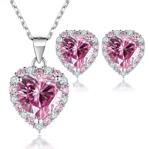 FIRERING Pink Heart Moissanite Necklace Earring Set 2ct with Certificate Passed Diamond Test Women J