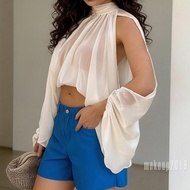 Women’s Mock Neck Shirts  Split Bishop Sleeve Solid Color Flowy Summer Blouses