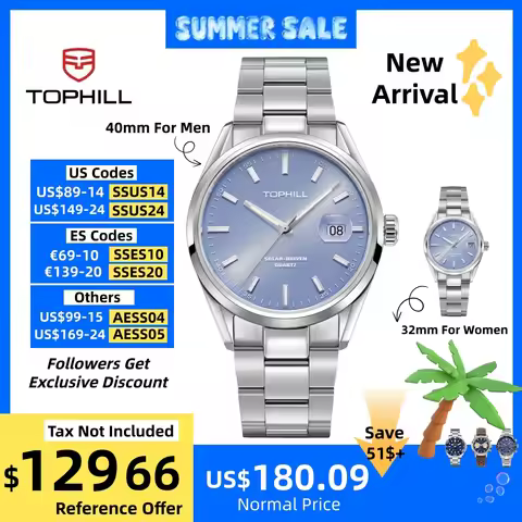 TOPHILL 40/32mm VS42A AS32A Solar Quartz Watches For Men Women Couple Sunray Dial Sapphire 5Bar Wate