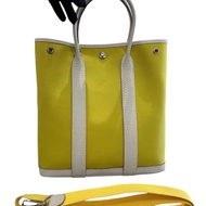 hermes愛馬仕Garden file28檸檬黃帆布拼銀扣