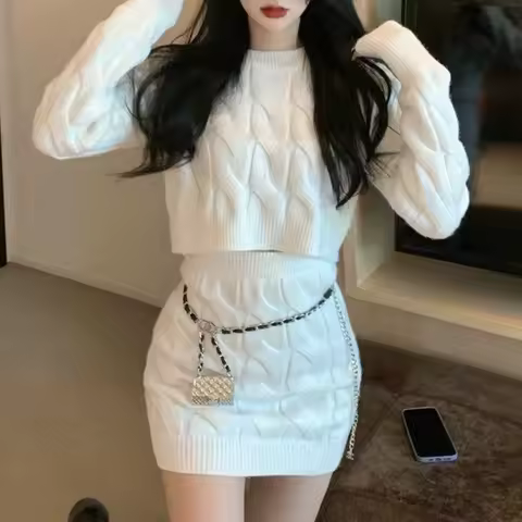 B-TOTO Autumn And Winter Thickened Fried Dough Twists Knitting Sweater Suit Slim Long Sleeve High Wa