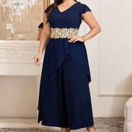 Plus Size Women's Elegant Jumpsuit With Flared Sleeves, Waist Belt And Flowy Design, Suitable For Sp