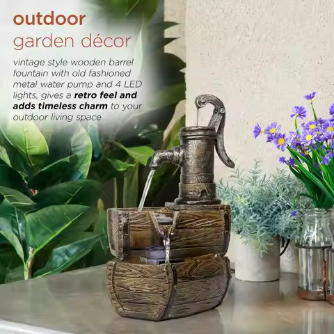 WIN826 14 Vintage Water Pump Tabletop Fountain with 2Tiered Barrel Design amp LED Lights Decorative 