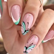 24PCS Wearing long almond nail, fake nail, French green and white butterfly nail art piece-FT-003