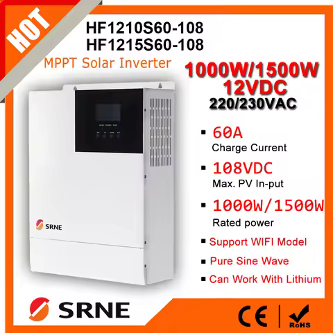 SRNE 1KW/1.5KW 12V 220V/240VAC Pure Sine Wave Off-Grid Hybrid Inverter MPPT 60A Solar Charger Max PV