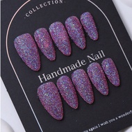 Handmade Almond Shaped Nail Stickers In Purple Y2K Style & Hand Painted Glitter Gradient Design Nail