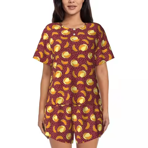 Muskmelon Fruit Pajamas Polka Dots Print Short Sleeves Trendy Pajama Sets 2 Piece Sleep Daily Design