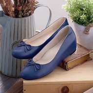 寶藍色 真皮內增高楔型娃娃鞋