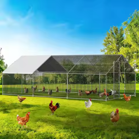 Large Walk-in Chicken Coop, Galvanized Cage with Waterproof Cover & Lock for Rabbit Duck Farm, 19.7'