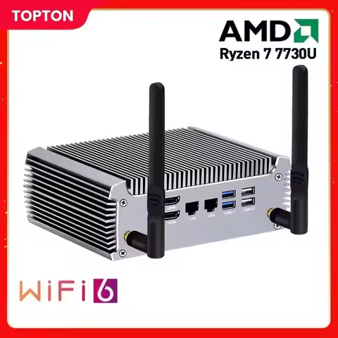 Topton FU02 Fanless Mini PC AMD Ryzen 7 7730U 5825U R5 5625U 4500U Gaming Computer Dual LAN Firewall