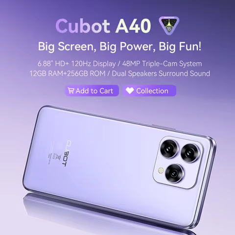 Cubot A40 Smartphone, Android 15, 12GB RAM+256GB ROM, 6.88-Inch 120Hz Screen,Octa-core, 48MP Camera,