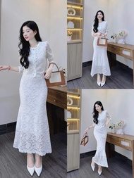 Set váy ren cao cấp đuôi cá dáng dài tôn dáng chuẩn fom cổ tròn dài tay tone màu trắng sang trọng tr
