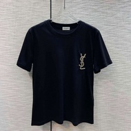 YSL Autumn and Winter New Special-Interest Design Fashion Brand Heavy Industry BeadslogoDecorative Design Fashionable All-Match round NeckTWomen's T-shirt