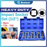 Torx Impact Socket Set T30-T80 (1/2") CR-MO Set Torx Bit Black Impact Wrench Set - 8pcs