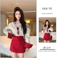 【Ready Stock】CNY套装女2024早秋新款港风复古撞色条纹衬衫长袖上衣高腰显瘦半身裙  New Year Clothes