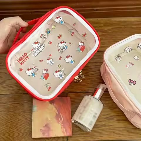 Anime Hello Kitty Makeup Bag Cartoon Kuromi Washing Bag Clear Zipper Cosmetics Bag Household Storage