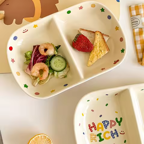 Ins Modern Contrast Ceramic Partition Plate Household Creative Dining Ware Healthy Eating Helper Sli