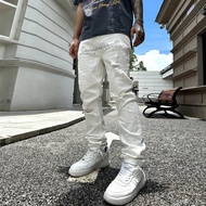 Street Style Hip Hop Rapper Trendy Brand Embroidered Elastic Black White Jeans Mens Slim Fit High St