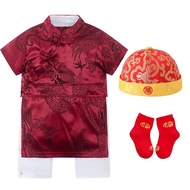 Baby Boy 3-Piece Lunar New Year Outfit Set - Burgundy Dragon Pattern Cheongsam Top + Pants + "Fu" Ca