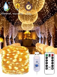 50/100/200/300 Led Usb燈串,閃爍串燈插頭銀線燈配有遙控器和定時器8種模式,室內/室外防水星星燈diy派對婚禮裝飾(暖白色)