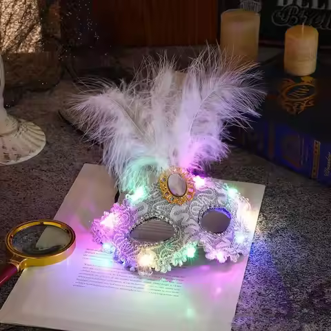 Creative Plastic LED Glowing Mask Rhinestone Half Face Mask Feather Mask Lace Makeup Venice Masquera