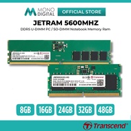 TRANSCEND JETRAM DESKTOP PC (U-DIMM) / LAPTOP NOTEBOOK (SO-DIMM) 5600MHZ DDR5 MEMORY RAM - 8GB 16GB 