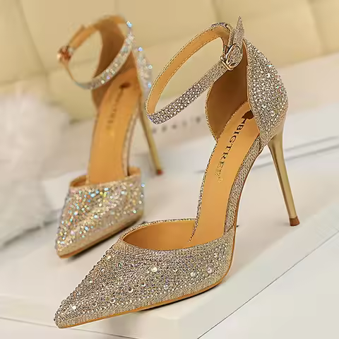 BIGTREE Shoes Shiny Rhinestones High Heels Ladies Shoes Women Pumps Stiletto Sweet Women Heels Weddi