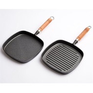 Cast Iron Wooden Handle Frying Pan Household Striped Steak Pot Cast Iron Pan Thickened Pure Pig Iron Non-Stick Pan Fried Steak Cross