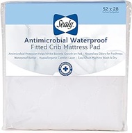 Sealy Antimicrobial Waterproof Toddler Bed and Baby Crib Mattress Pad Protector, Noiseless, Machine Washable and Dryer Friendly, 52" x 28" - White