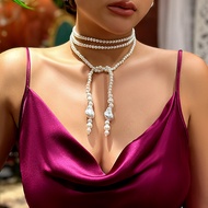 Rantai mutiara tiruan elegan kalung panjang fesyen pesona laras kalung rantai dada seksi untuk perhiasan estetika wanita