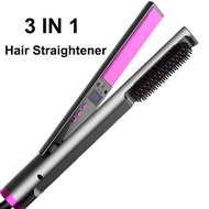 [Hot On Sale] 3 In 1 Ceramic Flat Iron Hair Straightener Plates With Built-In Comb Heated Straightening Brush Hair Curler Salon Styling Tools