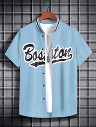 Manfinity Sporsity 男士字母圖案條紋飾邊棒球領襯衫不帶T恤